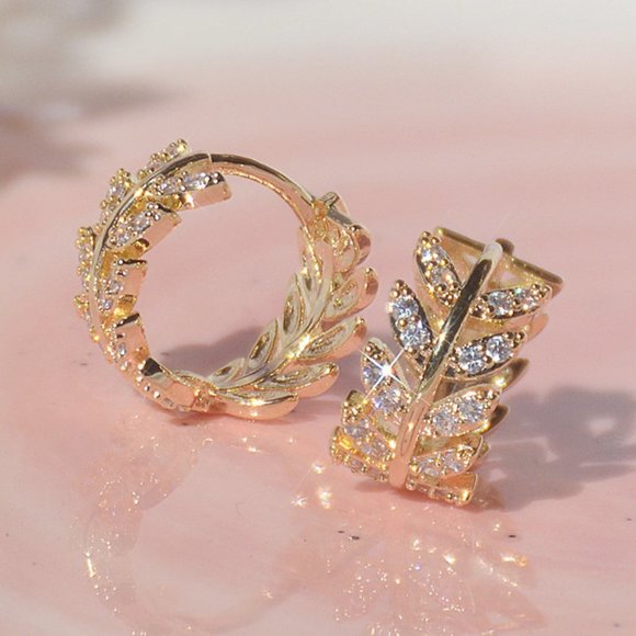 Jewelry - NEW 14K Gold Plated Diamond Leaf Hoop Earrings